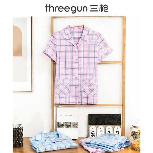 Threegun三枪 【纯棉】彩格翻领开襟短袖长裤女士家居套睡衣家居服-81692D911 商品图4