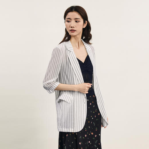 谜底条纹西装外套女2024年夏款复古通勤薄款中长款西服242MW0700 商品图1