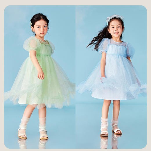 迷你巴拉女童A字连衣裙宝宝飘逸网纱泡泡袖高腰公主裙夏季 商品图2