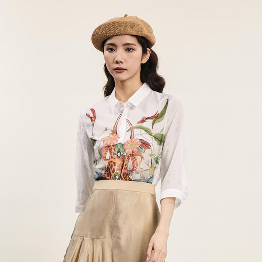 谜底印花衬衫七分袖女2024年夏款复古文艺原创拼接衬衣242MC0686 商品图1
