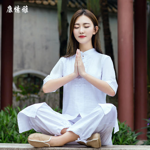 康愫雅亚麻纯色瑜伽大师服两件套装打坐居士太极禅修服加大加宽大码 商品图1