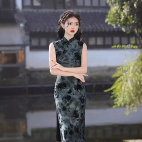 无袖双层扎染弹力中长旗袍，水墨画中国风修身旗袍SJT638