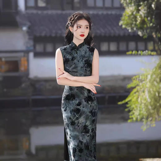 无袖双层扎染弹力中长旗袍，水墨画中国风修身旗袍SJT638 商品图0