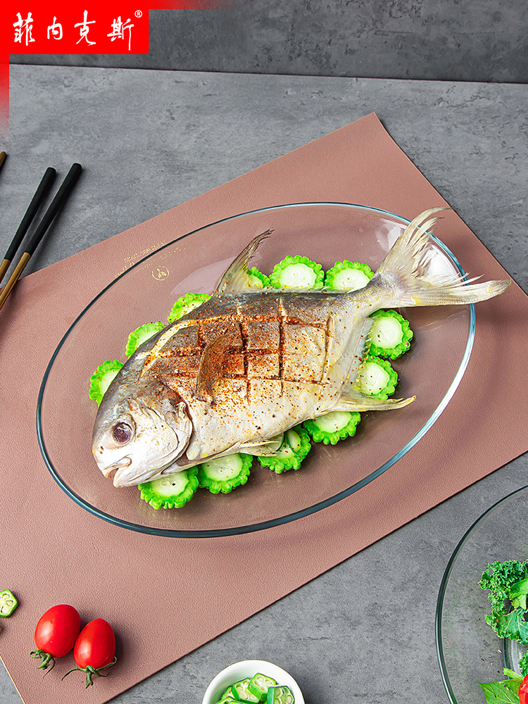 菲内克斯钢化玻璃透明耐热椭圆盘子大号13英寸鱼盘装菜盘意面盘子