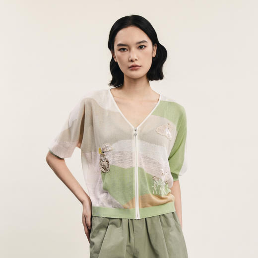 谜底V领针织开衫中袖女2024夏季新品复古文艺风宽松上衣242MZ0870 商品图0