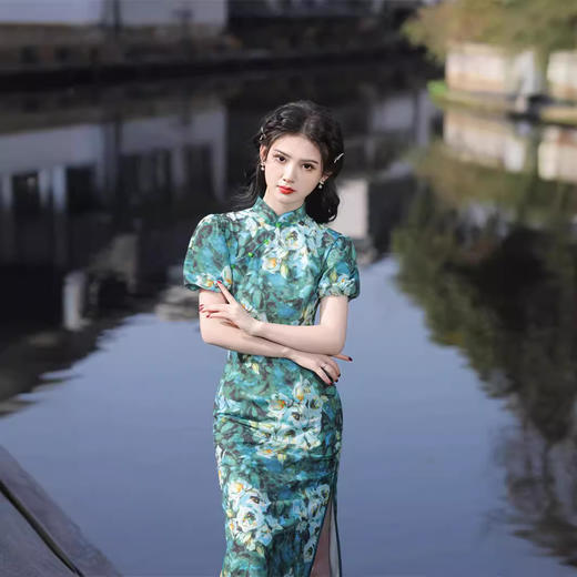 泡泡袖双层仿丝印花中长款旗袍，高端精致修身显瘦旗袍SJT648 商品图1