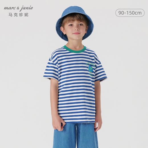 马克珍妮男童海军风地球涂鸦条纹短袖T恤儿童上衣夏装新款240802 商品图0