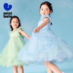 迷你巴拉女童A字连衣裙宝宝飘逸网纱小飞袖高腰甜美公主裙