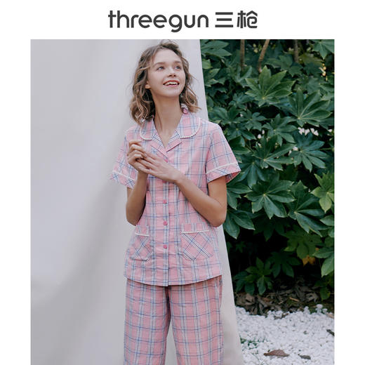Threegun三枪 【纯棉】彩格翻领开襟短袖长裤女士家居套睡衣家居服-81692D911 商品图0