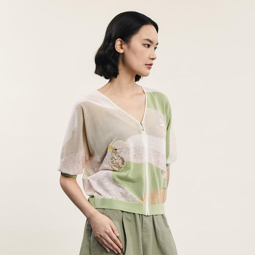 谜底V领针织开衫中袖女2024夏季新品复古文艺风宽松上衣242MZ0870 商品图1