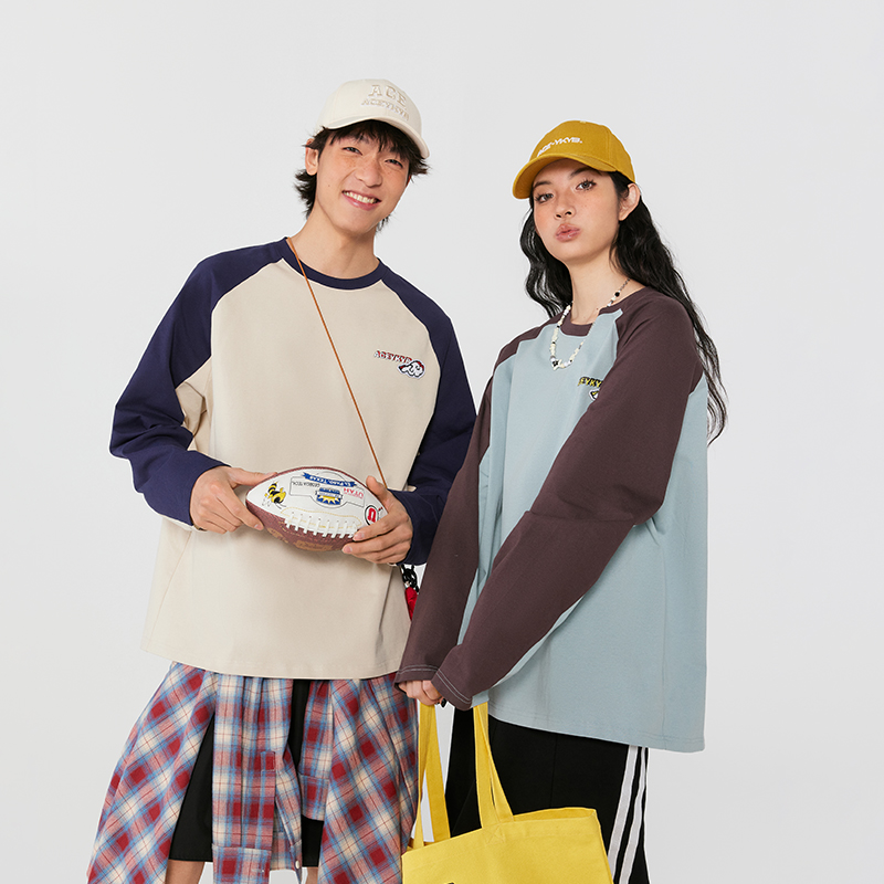 YKYB黄子韬长袖T恤国潮牌ins休闲美式街头复古撞色插肩袖宽松上衣