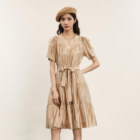 谜底荷叶边连衣裙2024夏季新品复古文艺风中长裙配腰带242ML0564