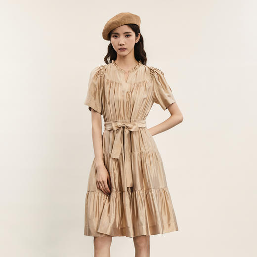 谜底荷叶边连衣裙2024夏季新品复古文艺风中长裙配腰带242ML0564 商品图0