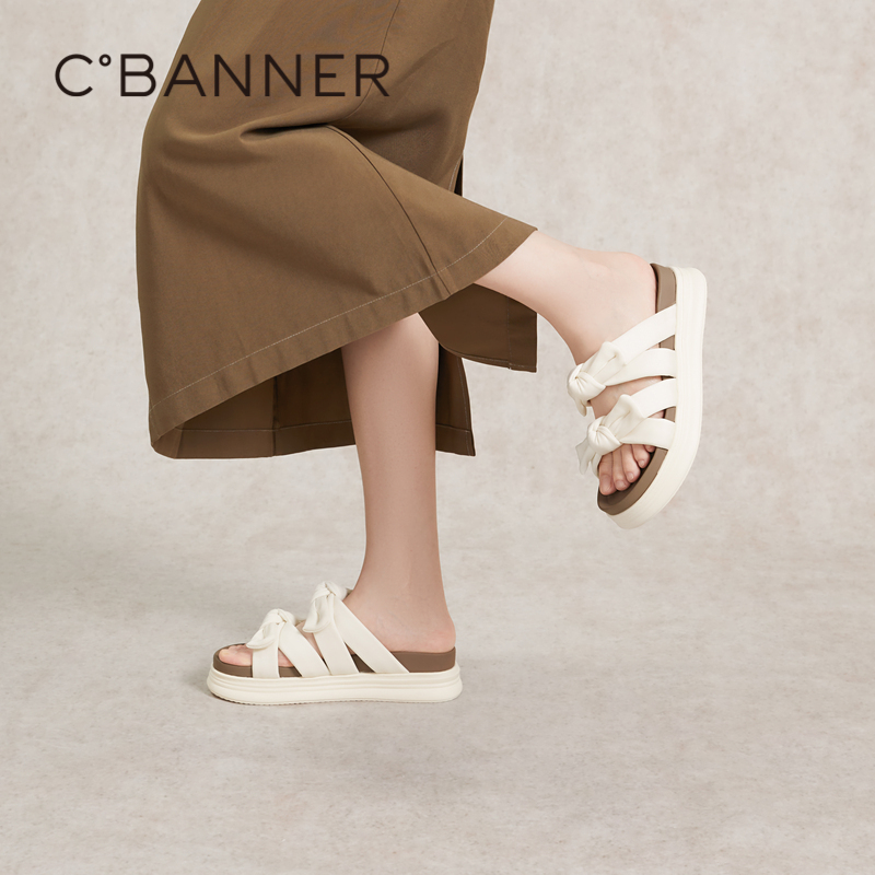 千百度蝴蝶结厚底踩屎感可外穿凉拖鞋女款夏季休闲半拖鞋A24381011