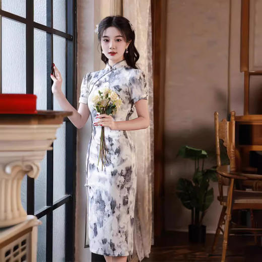 复合蕾丝水墨印花中长款旗袍新中式文艺SJT621 商品图1