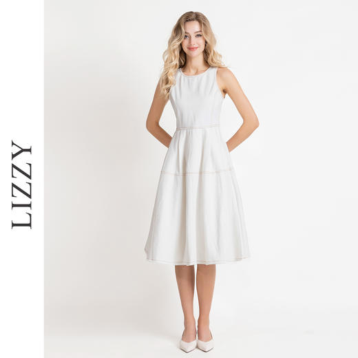 LIZZY时尚简约双明线减龄优雅无袖赫本风牛仔连衣裙8035 商品图0