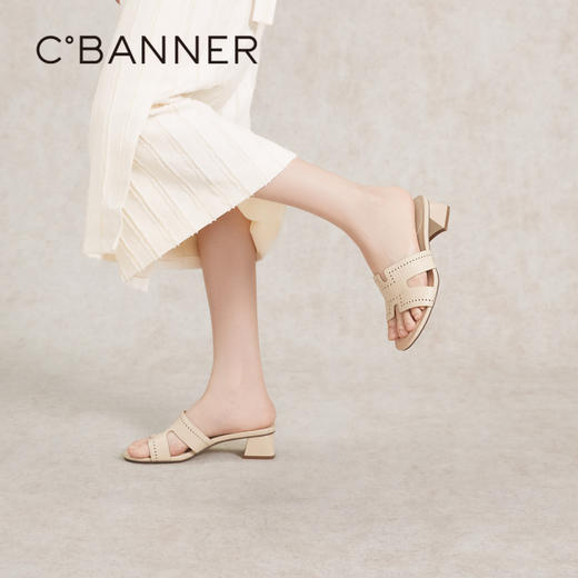 千百度羊皮一字拖女夏季中跟凉拖鞋真皮拖鞋A24355065 商品图2