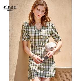 欧芮儿短袖格子连衣裙女2021新款夏季气质收腰显瘦百搭中长款A字