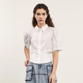 谜底白衬衫短袖女2024夏季新品通勤风设计感泡泡袖衬衣242MC0640