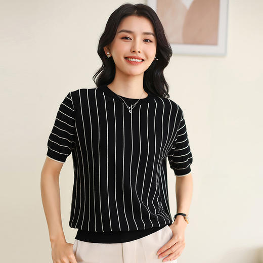 纤束马法式知性竖条纹短袖T恤 YRT-716 商品图2
