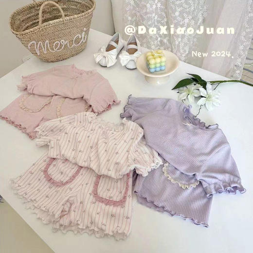 【花边设计，纯色简约好看！】A类花边纯色绵柔家居服套装，女童家居服夏季新款女宝睡衣-lm！ 商品图2