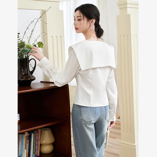 法式气质优雅通勤风白衬衫女不规则设计感翻领衬衣V0040801 商品图4