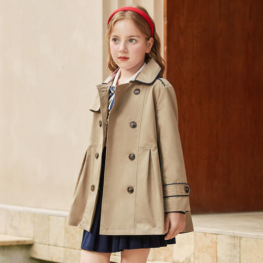 【英氏】【120-165】女童春秋学院风中长款外套双排扣风衣 商品图1