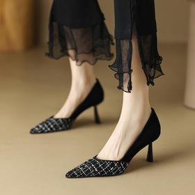 【预售5天】法式小香风尖头高跟鞋格子布法式气质名媛细跟单鞋YS&5662-1