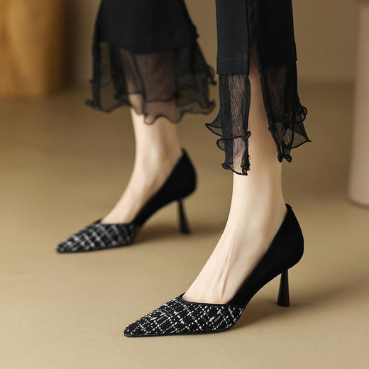 【预售5天】法式小香风尖头高跟鞋格子布法式气质名媛细跟单鞋YS&5662-1 商品图0