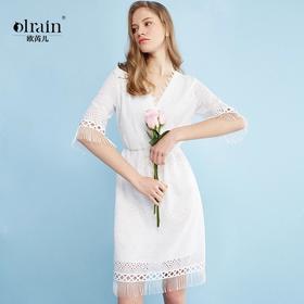 欧芮儿欧芮儿 2018夏收腰镂空流苏V领白色蕾丝连衣裙女中长款