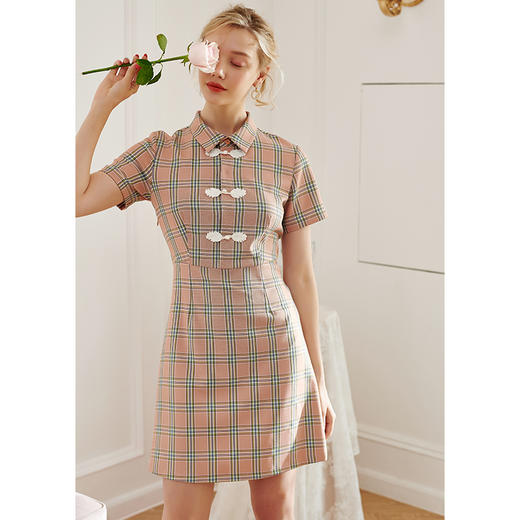 欧芮儿2020夏装新款格子连衣裙女短袖气质收腰显瘦中长款A字裙 商品图1