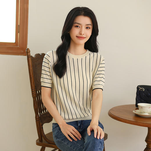 纤束马法式知性竖条纹短袖T恤 YRT-716 商品图3