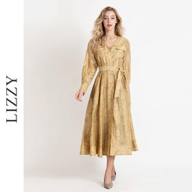 LIZZY法式优雅手绘印花工装风高级感气质V领大摆连衣裙8025