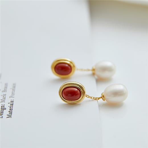 Pearl moments 南红 小团圆 椭圆珍珠耳线耳环（该商品不支持用券） 商品图3