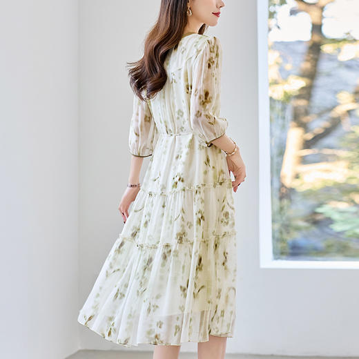 SM 82496900乔其真丝连衣裙时尚印花系带收腰桑蚕丝裙 商品图3