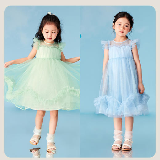迷你巴拉女童A字连衣裙宝宝飘逸网纱小飞袖高腰甜美公主裙 商品图2