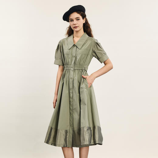 谜底连衣裙短袖2024年夏季新品通勤风收腰泡泡袖中长裙242ML0590 商品图0