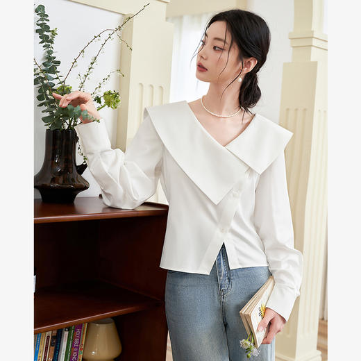 法式气质优雅通勤风白衬衫女不规则设计感翻领衬衣V0040801 商品图2