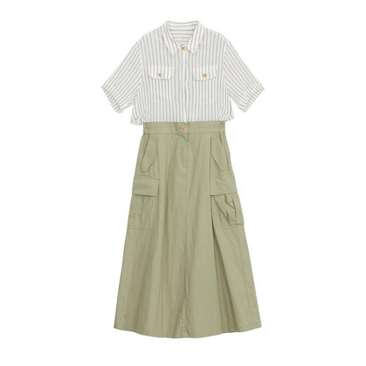 谜底长款连衣裙短袖2024年夏季新品复古条纹拼接工装裙242ML0599 商品图4