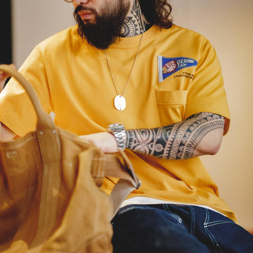 马登工装美式复古印第安刺绣短袖T恤撞色字母重磅黄色圆领Tee男夏 商品图4