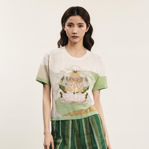 谜底套头针织衫短袖女2024夏季新品复古学院风绣花上衣242MZ0869 商品图0
