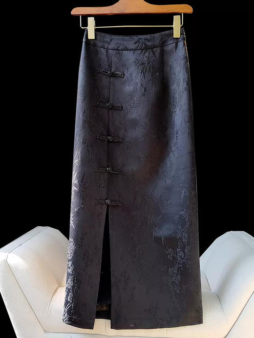 黑色改良新中式国风盘扣包臀裙秋冬新款复古提花高腰显瘦半身裙女_ym 商品图0