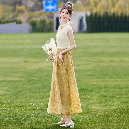 HRFS-1860夏季上新气质时尚复古优雅舒适透气印花半裙两件套 商品图1