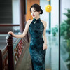 挂脖植绒扎染单层无袖长款旗袍ZA1904 商品缩略图0
