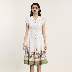 谜底下摆印花连衣裙2024年夏季新品文艺风V领收腰中长裙242ML0685