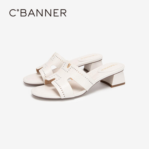 千百度羊皮一字拖女夏季中跟凉拖鞋真皮拖鞋A24355065 商品图1