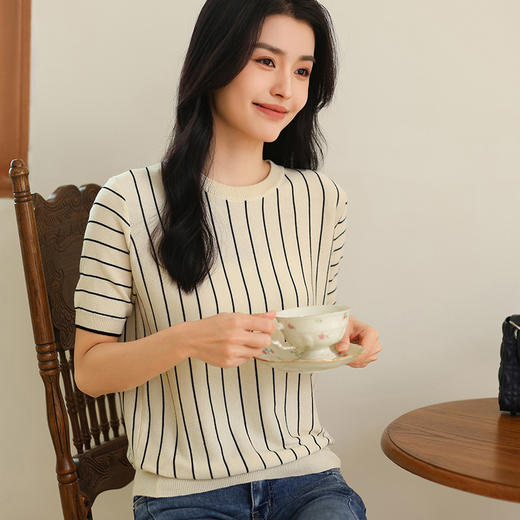 纤束马法式知性竖条纹短袖T恤 YRT-716 商品图5