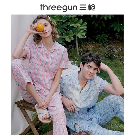 Threegun三枪 【丝光棉】彩格翻领开襟短袖长裤男士家居套睡衣家居服-80777D911 商品图2