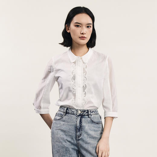 谜底白衬衫七分袖女2024年夏季新品通勤风提花宽松衬衣242MC0668 商品图0