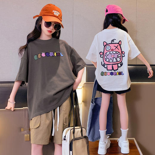 【时尚靓色，经典潮搭！】女童短袖T恤纯棉夏季新款休闲儿童，洋气女孩时尚中大童半袖t上衣潮-lm！ 商品图0